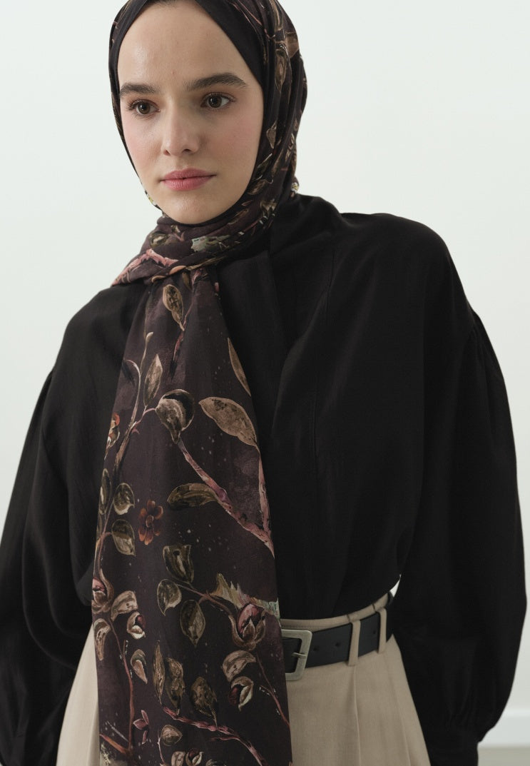FLOWER RAIN PATTERNED COTTON VISCOSE HIJAB BROWN
