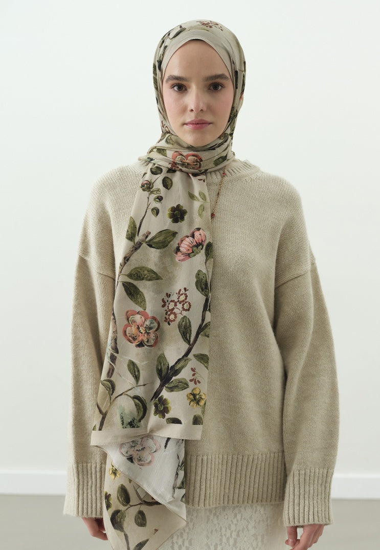 FLOWER RAIN PATTERNED COTTON VISCOSE HIJAB BEIGE