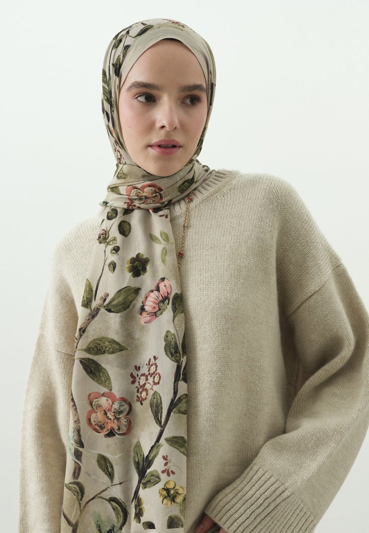 FLOWER RAIN PATTERNED COTTON VISCOSE HIJAB BEIGE