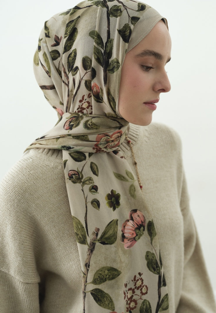 FLOWER RAIN PATTERNED COTTON VISCOSE HIJAB BEIGE