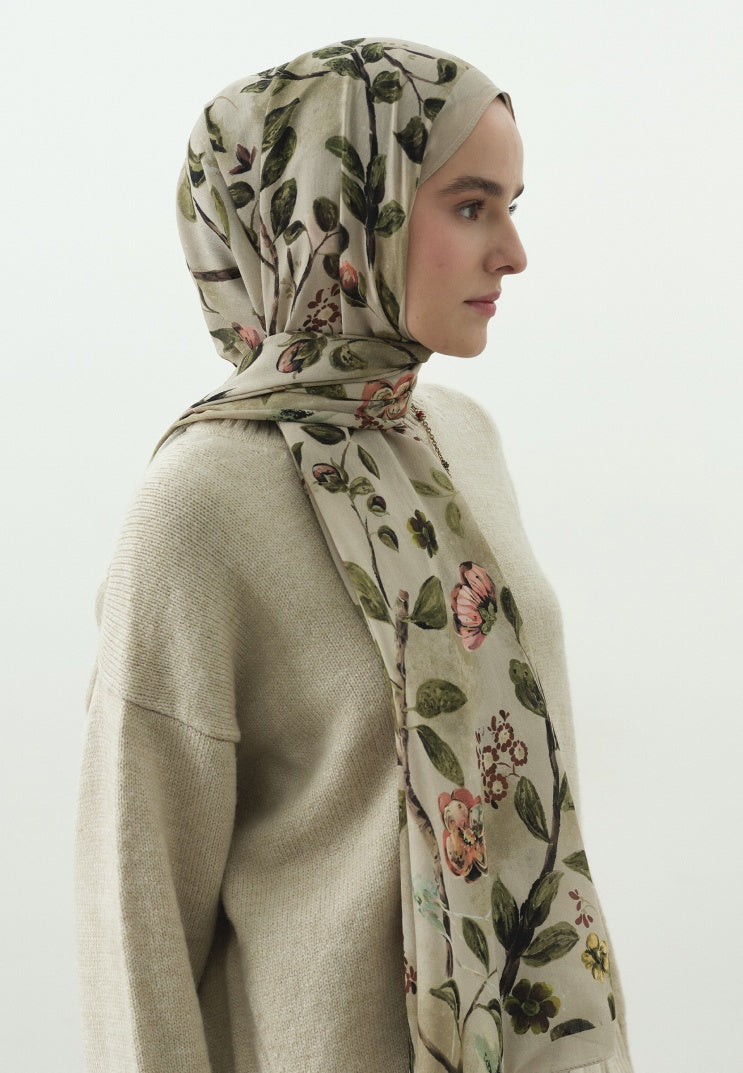FLOWER RAIN PATTERNED COTTON VISCOSE HIJAB BEIGE