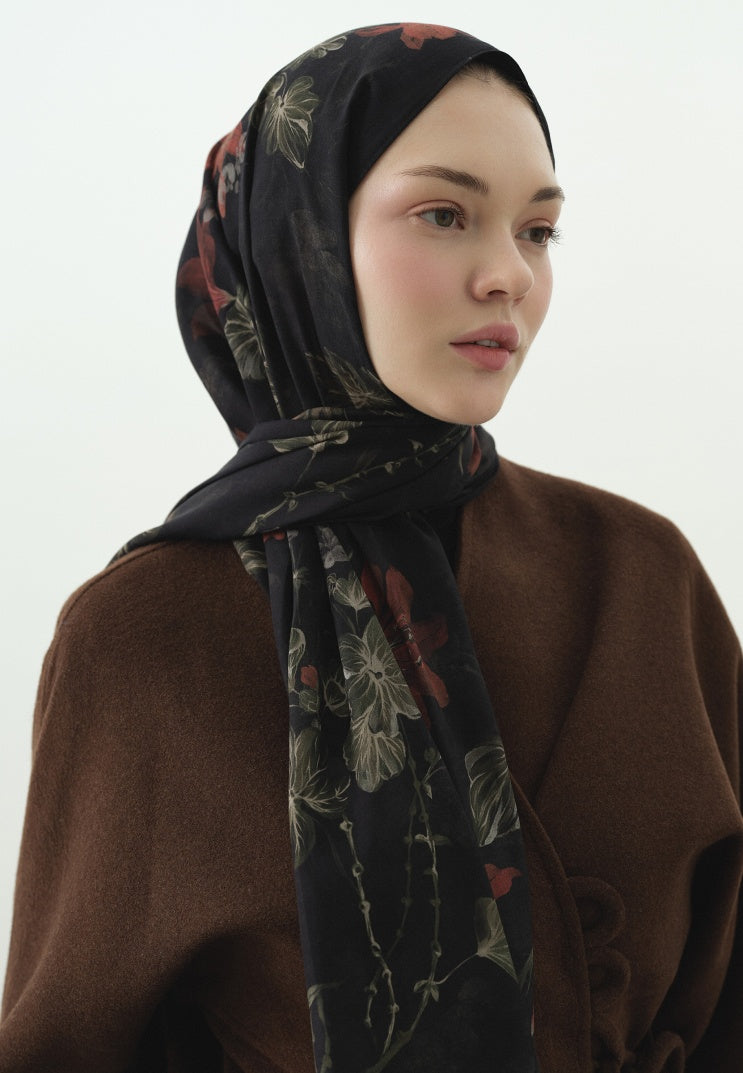 FALL BREEZE PATTERNED COTTON VISCOSE HIJAB BLACK