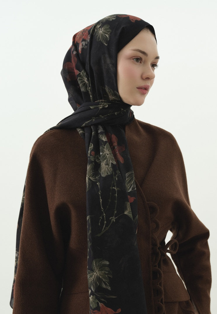 FALL BREEZE PATTERNED COTTON VISCOSE HIJAB BLACK