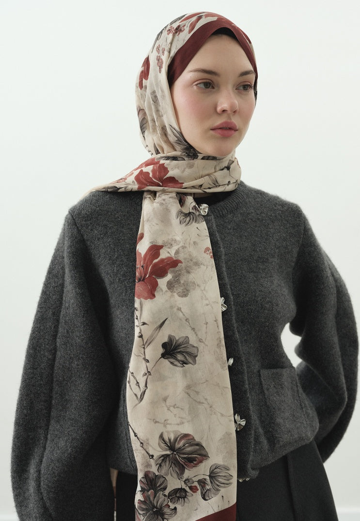 FALL BREEZE PATTERNED COTTON VISCOSE HIJAB RED