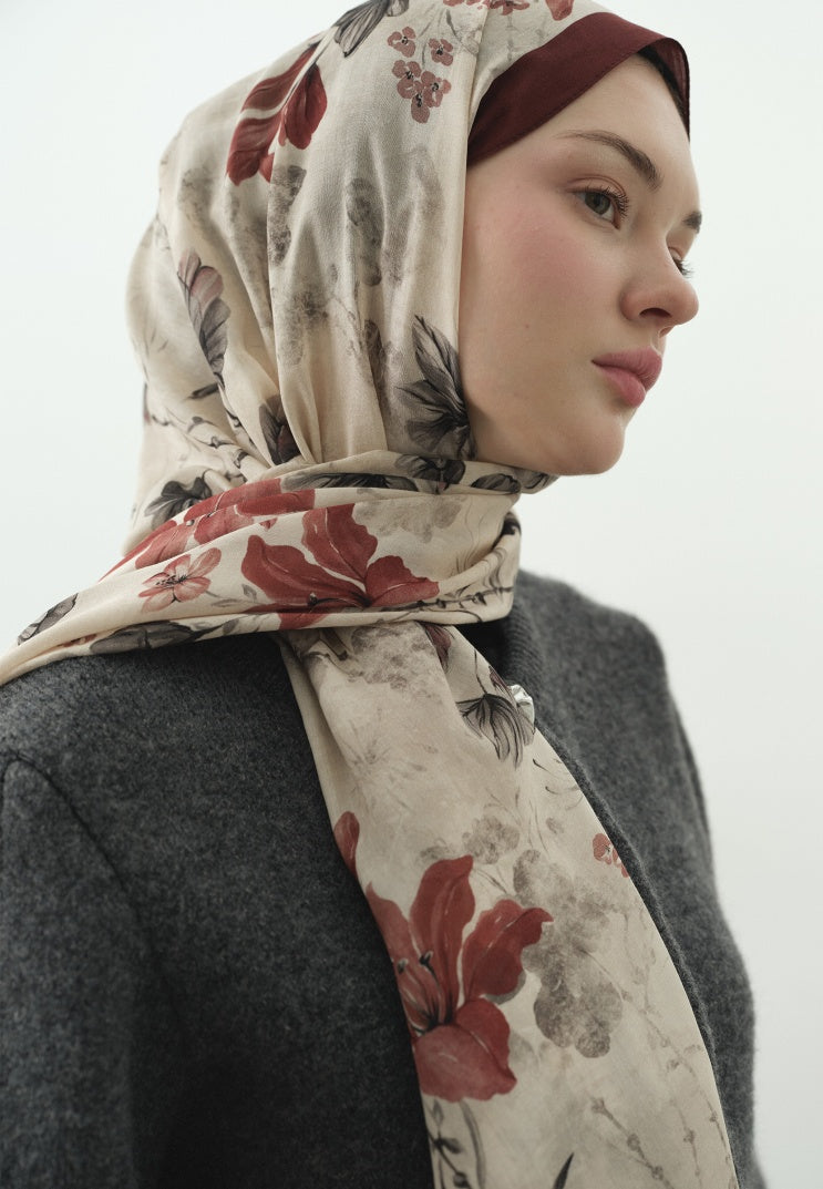FALL BREEZE PATTERNED COTTON VISCOSE HIJAB RED