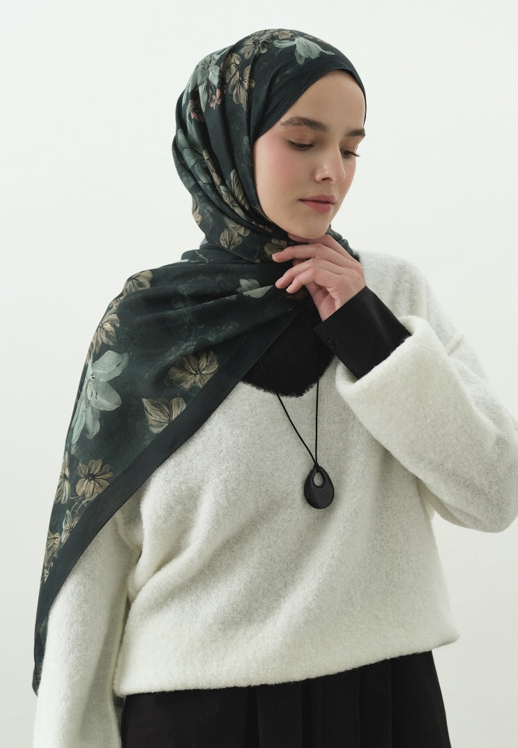 FALL BREEZE PATTERNED COTTON VISCOSE HIJAB DEEP GREEN