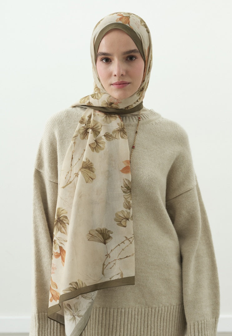 FALL BREEZE PATTERNED COTTON VISCOSE HIJAB BEIGE
