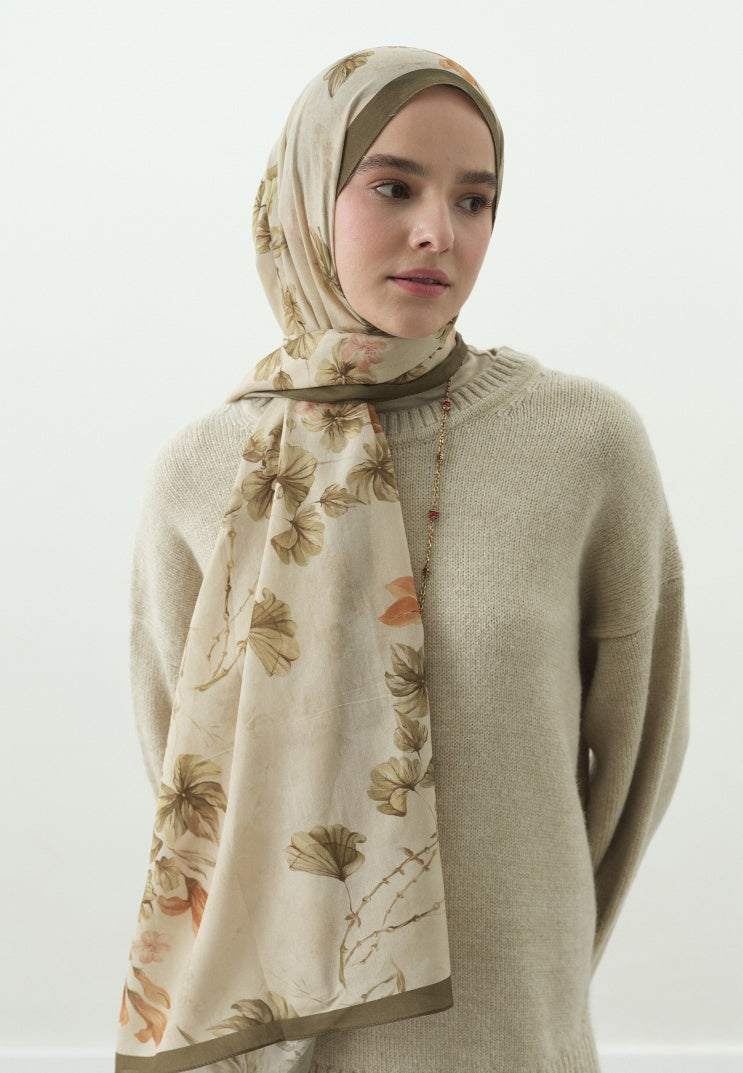 FALL BREEZE PATTERNED COTTON VISCOSE HIJAB BEIGE