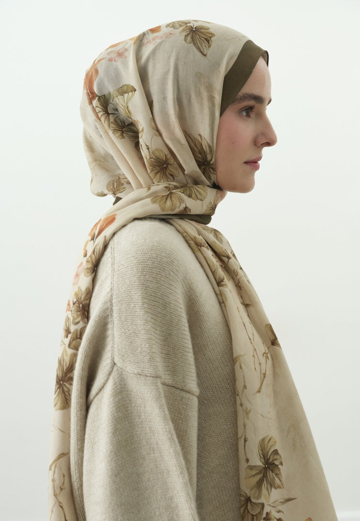 FALL BREEZE PATTERNED COTTON VISCOSE HIJAB BEIGE