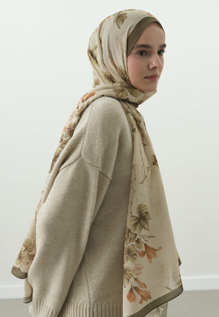 FALL BREEZE PATTERNED COTTON VISCOSE HIJAB BEIGE