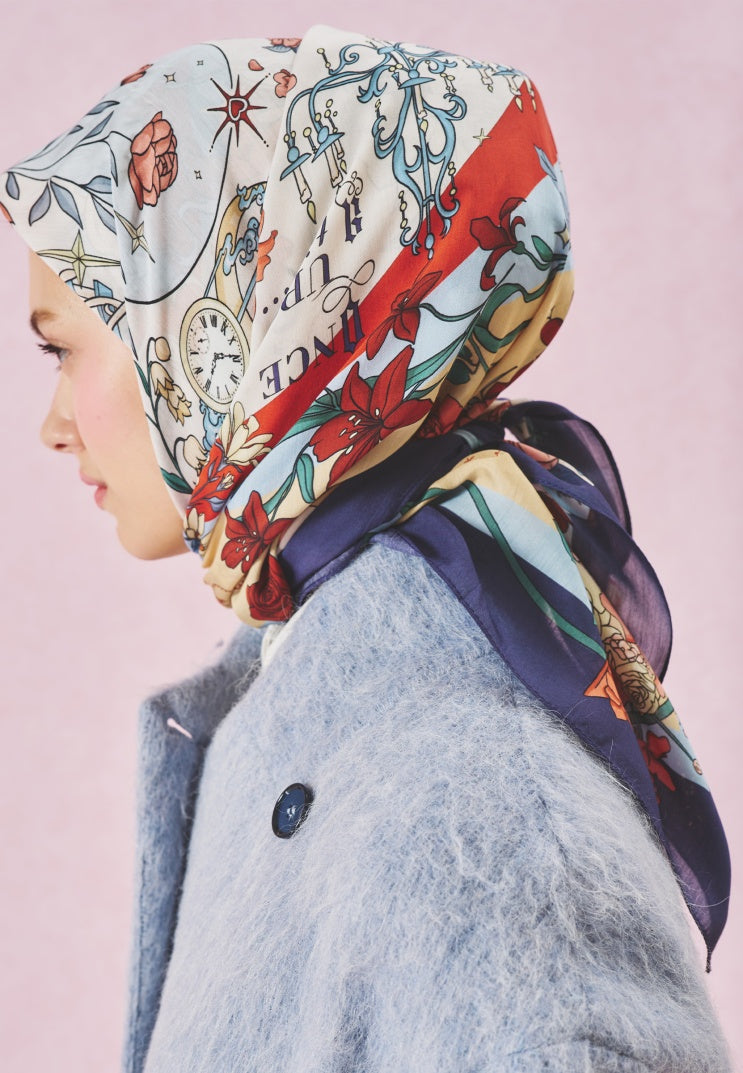 ONCE UPON A LOVE PATTERNED FLOSS VISCOSE SCARF MIDNIGHT BLUE