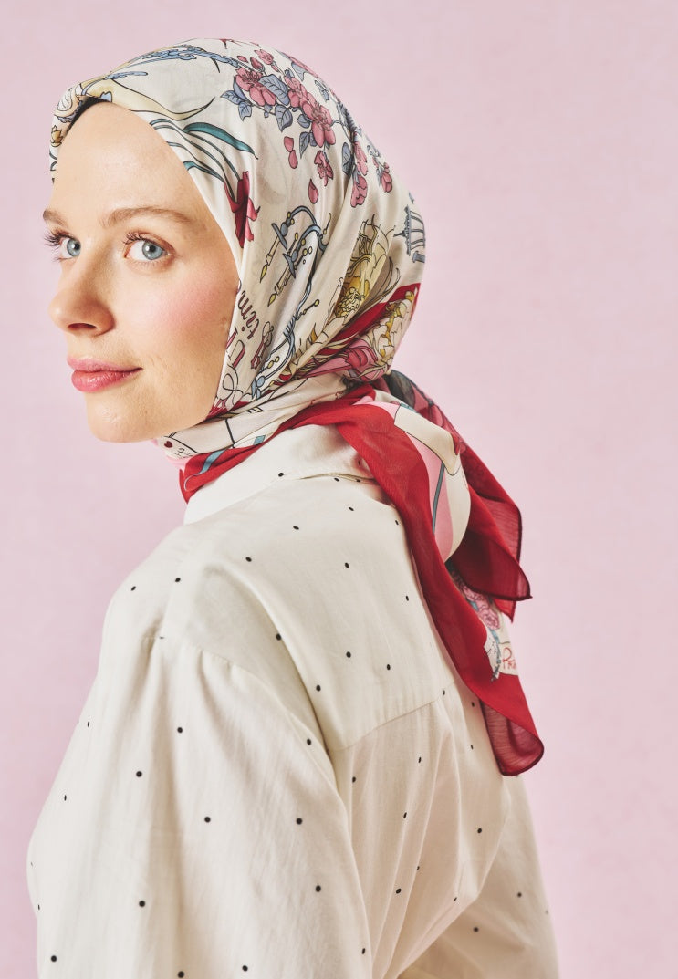 ONCE UPON A LOVE PATTERNED FLOSS VISCOSE SCARF ROMANTIC RED