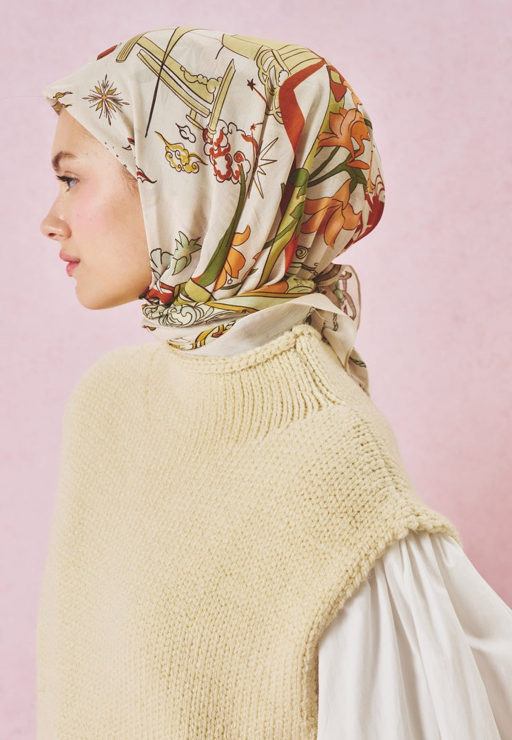 FAIRYTALE CASTLE PATTERNED FLOSS VISCOSE SCARF CREAM