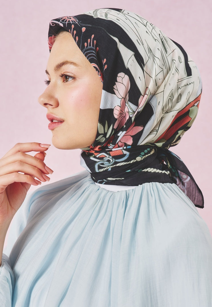 FAIRYTALE CASTLE PATTERNED FLOSS VISCOSE SCARF BLACK
