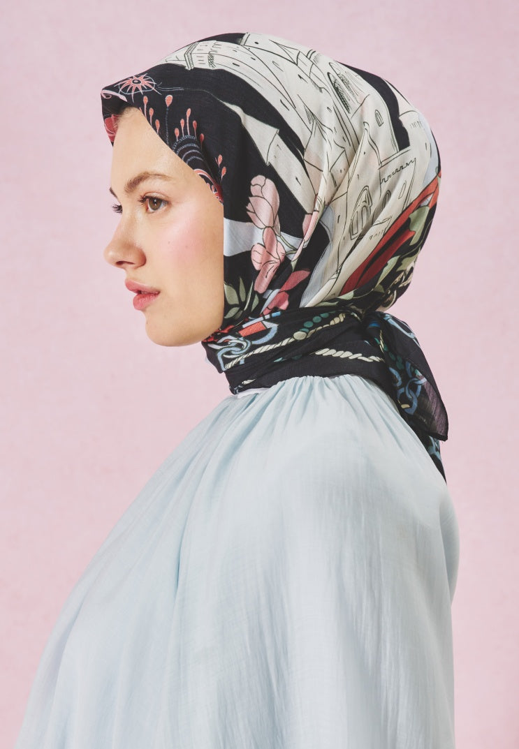 FAIRYTALE CASTLE PATTERNED FLOSS VISCOSE SCARF BLACK