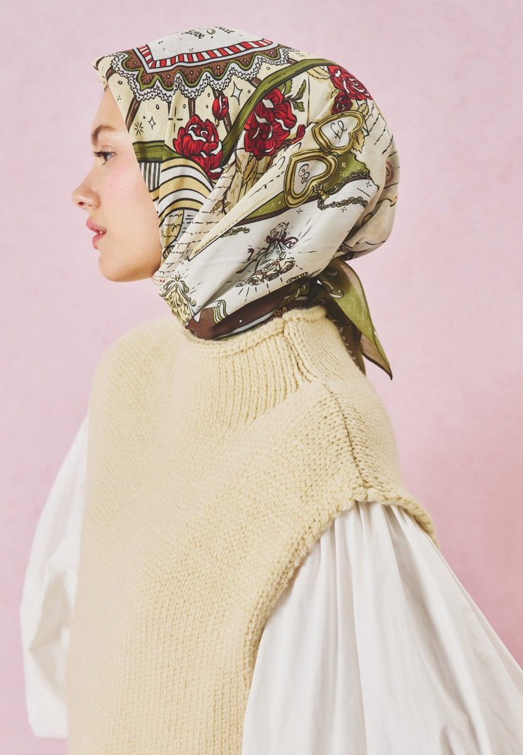 BEAUTY AND THE BEAST PATTERNED FLOSS VISCOSE SCARF FOREST