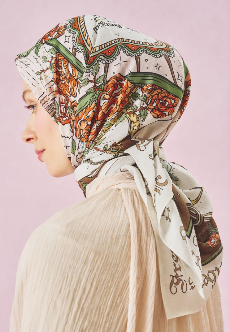 BEAUTY AND THE BEAST PATTERNED FLOSS VISCOSE SCARF CLAY BROWN