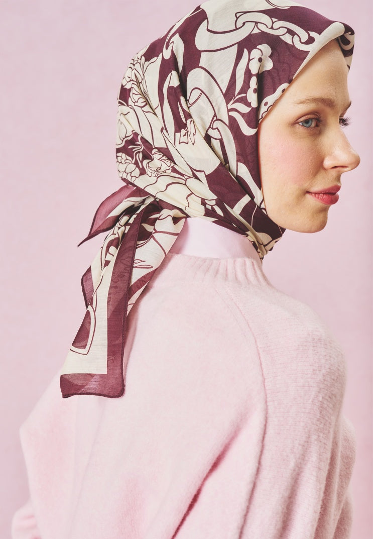 ETERNAL LOVE PATTERNED FLOSS VISCOSE SCARF BURGUNDY