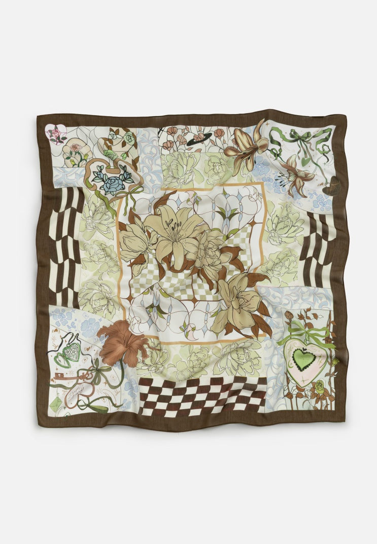 TALES OF LOVE PATTERNED FLOSS VISCOSE SCARF VINTAGE BROWN