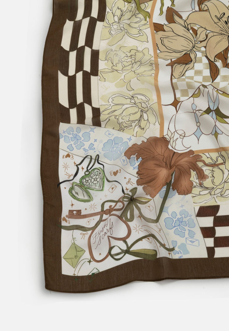 TALES OF LOVE PATTERNED FLOSS VISCOSE SCARF VINTAGE BROWN