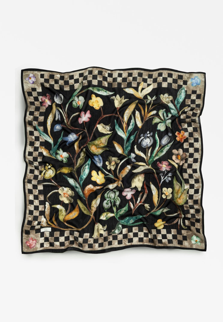 LOVE IN BLOOM PATTERNED FLOSS VISCOSE SCARF DEEP BLACK