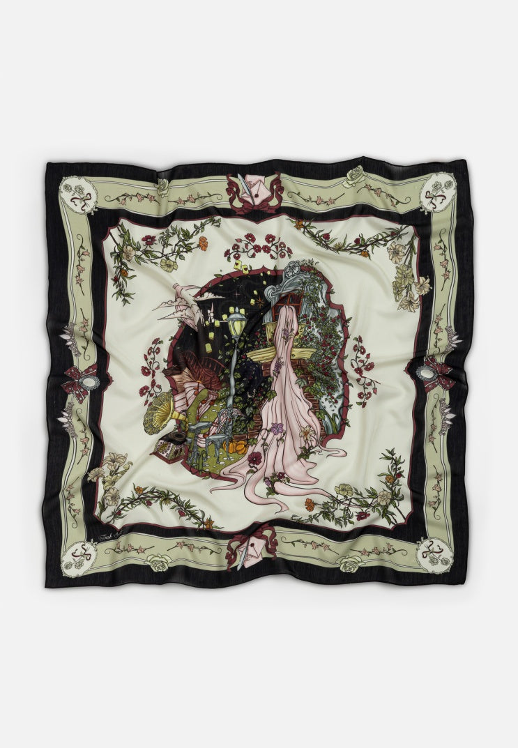 ENCHANTED MELODY PATTERNED FLOSS VISCOSE SCARF MIDNIGHT BLACK