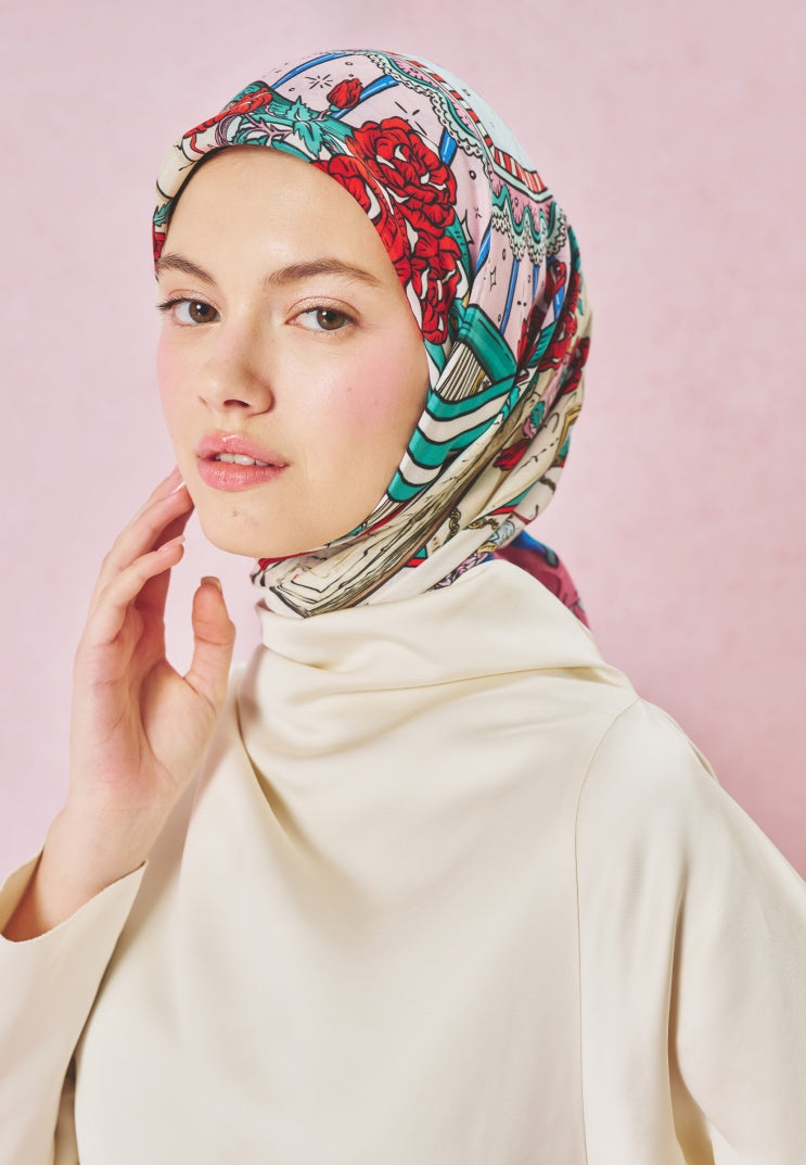 BEAUTY AND THE BEAST PATTERNED FLOSS VISCOSE SCARF DREAMY PINK
