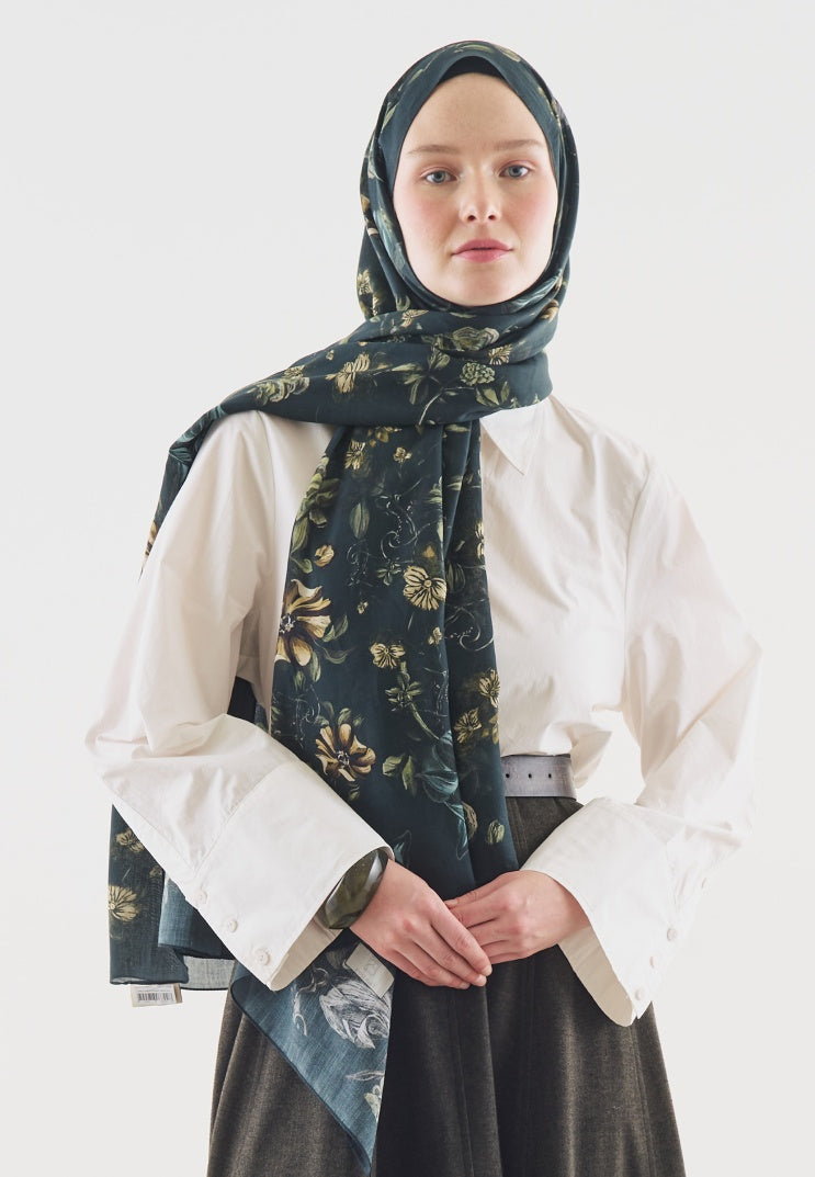 GISELE PATTERNED COTTON VISCOSE HIJAB DARK GREEN