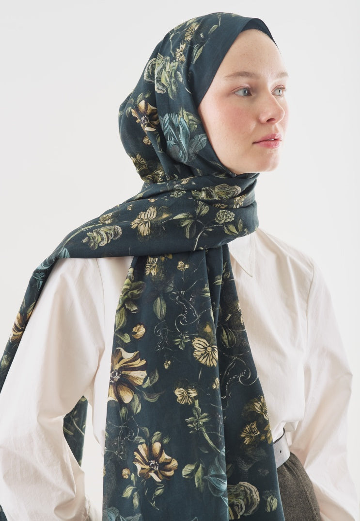 GISELE PATTERNED COTTON VISCOSE HIJAB DARK GREEN