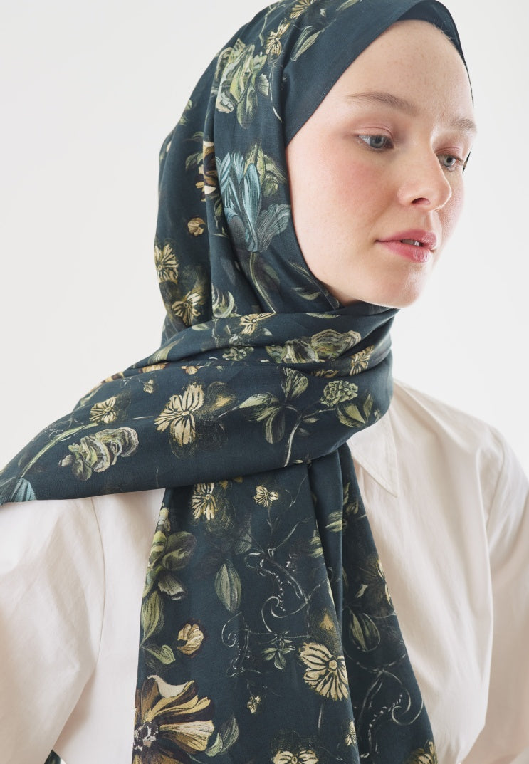 GISELE PATTERNED COTTON VISCOSE HIJAB DARK GREEN