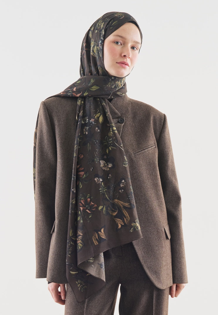 GISELE PATTERNED COTTON VISCOSE HIJAB DARK BROWN