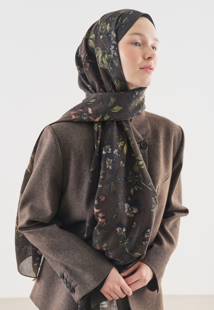 GISELE PATTERNED COTTON VISCOSE HIJAB DARK BROWN