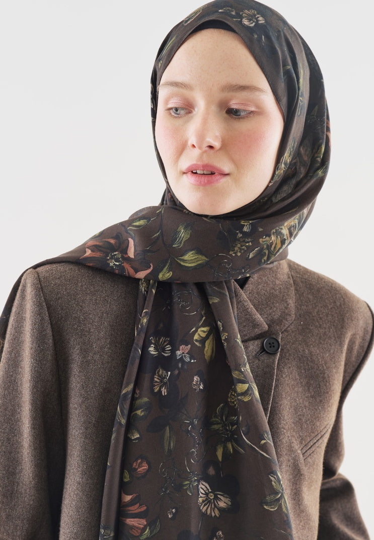 GISELE PATTERNED COTTON VISCOSE HIJAB DARK BROWN