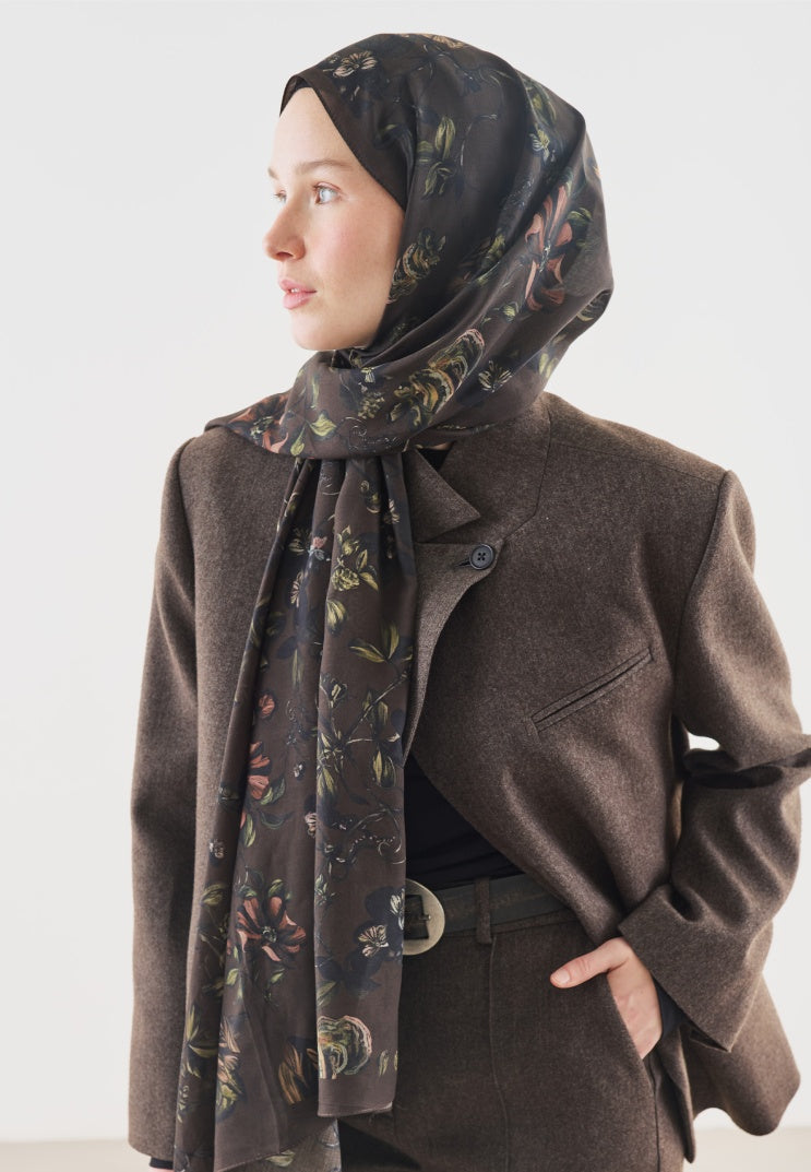 GISELE PATTERNED COTTON VISCOSE HIJAB DARK BROWN