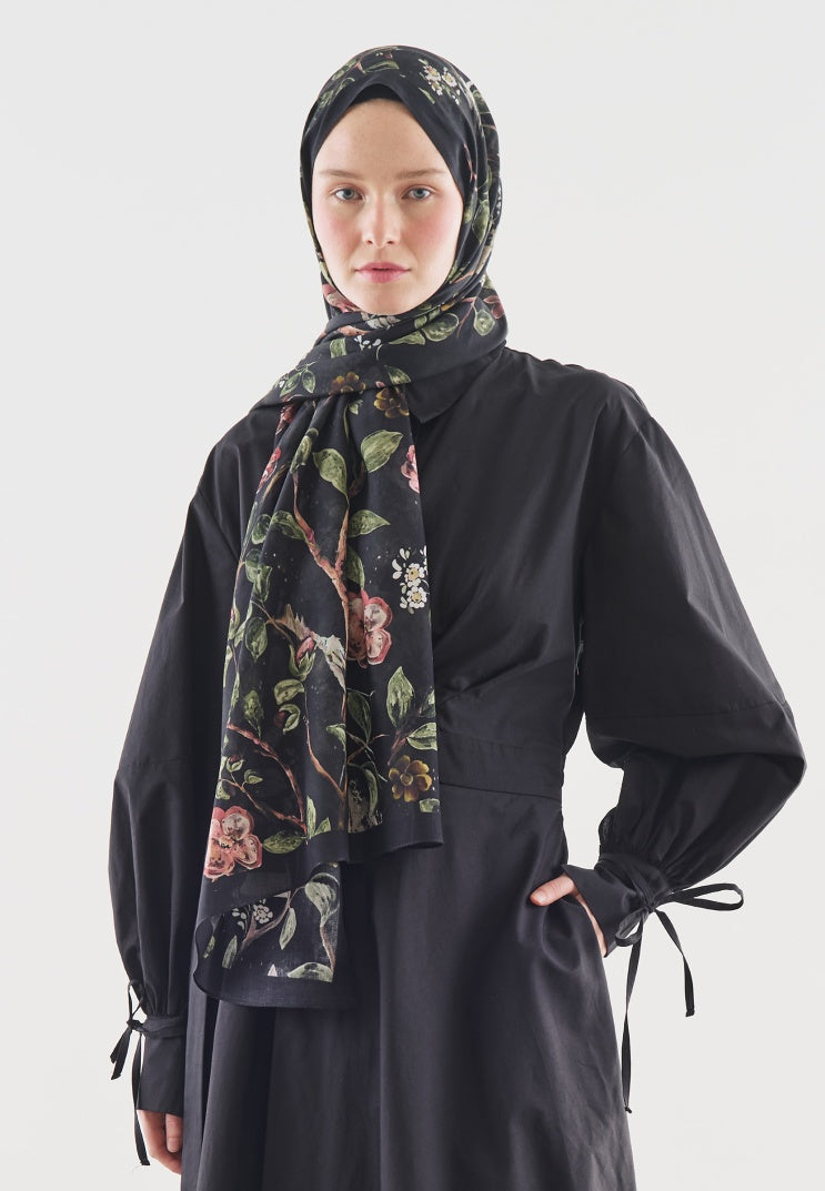FLOWER RAIN PATTERNED COTTON VISCOSE HIJAB BLACK
