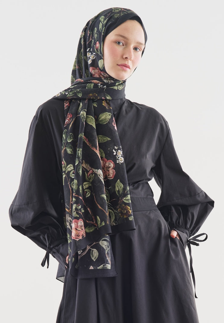 FLOWER RAIN PATTERNED COTTON VISCOSE HIJAB BLACK
