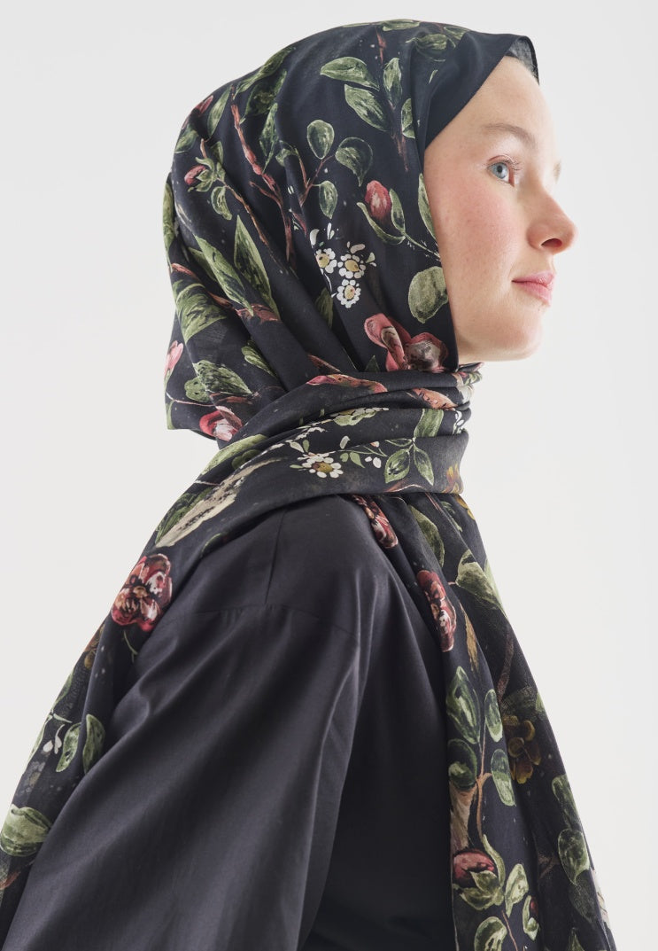 FLOWER RAIN PATTERNED COTTON VISCOSE HIJAB BLACK