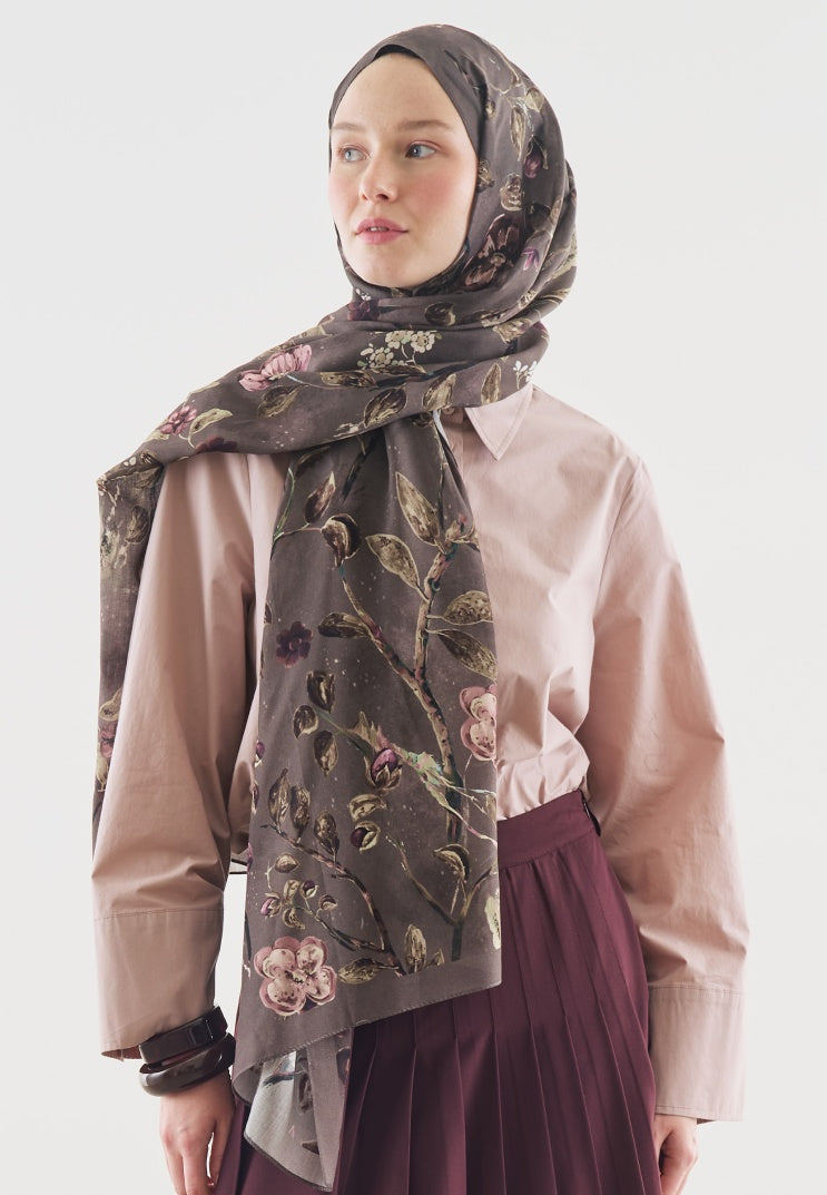 FLOWER RAIN PATTERNED COTTON VISCOSE HIJAB SMOKE GRAY