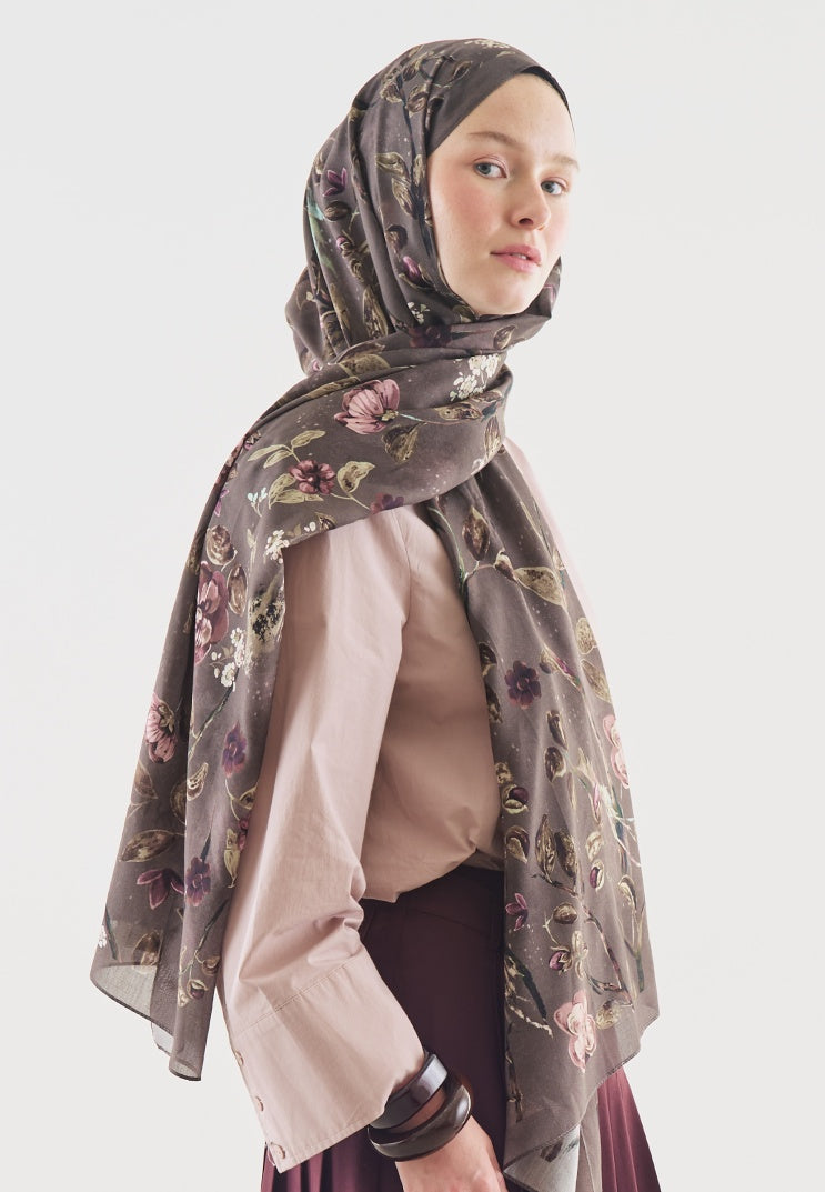 FLOWER RAIN PATTERNED COTTON VISCOSE HIJAB SMOKE GRAY