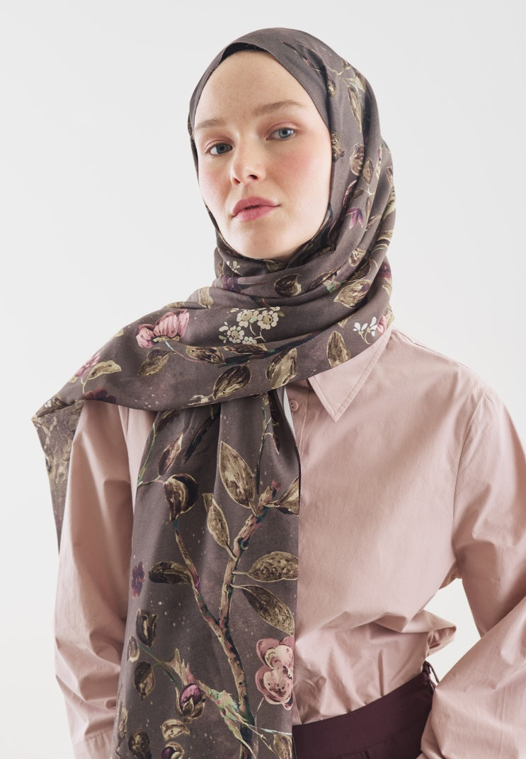 FLOWER RAIN PATTERNED COTTON VISCOSE HIJAB SMOKE GRAY