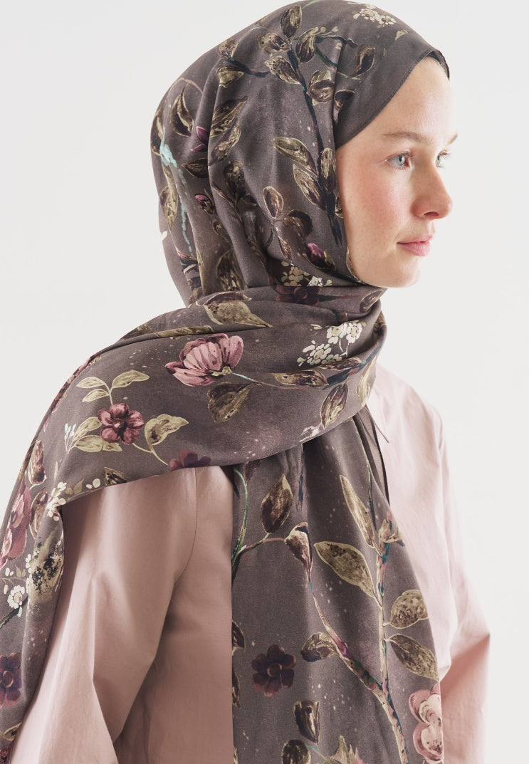 FLOWER RAIN PATTERNED COTTON VISCOSE HIJAB SMOKE GRAY
