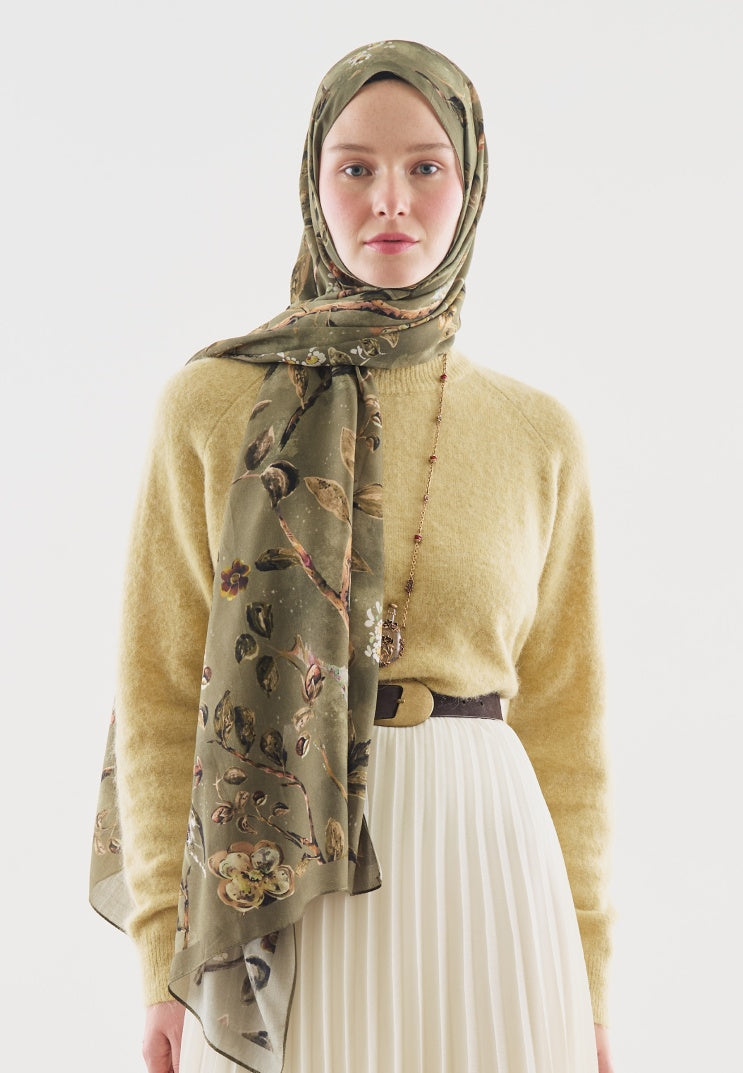 FLOWER RAIN PATTERNED COTTON VISCOSE HIJAB SAGE GREEN