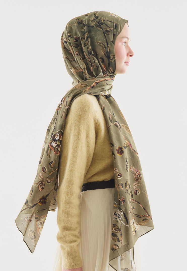 FLOWER RAIN PATTERNED COTTON VISCOSE HIJAB SAGE GREEN