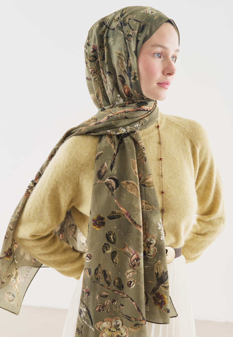 FLOWER RAIN PATTERNED COTTON VISCOSE HIJAB SAGE GREEN