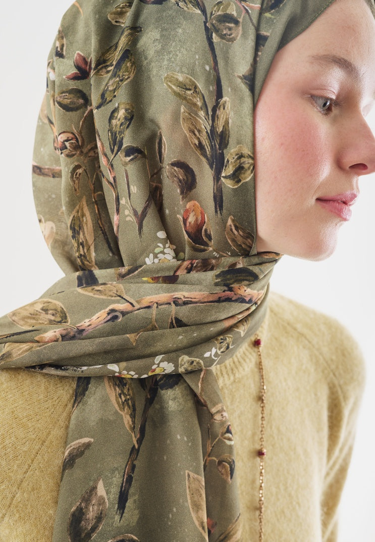 FLOWER RAIN PATTERNED COTTON VISCOSE HIJAB SAGE GREEN