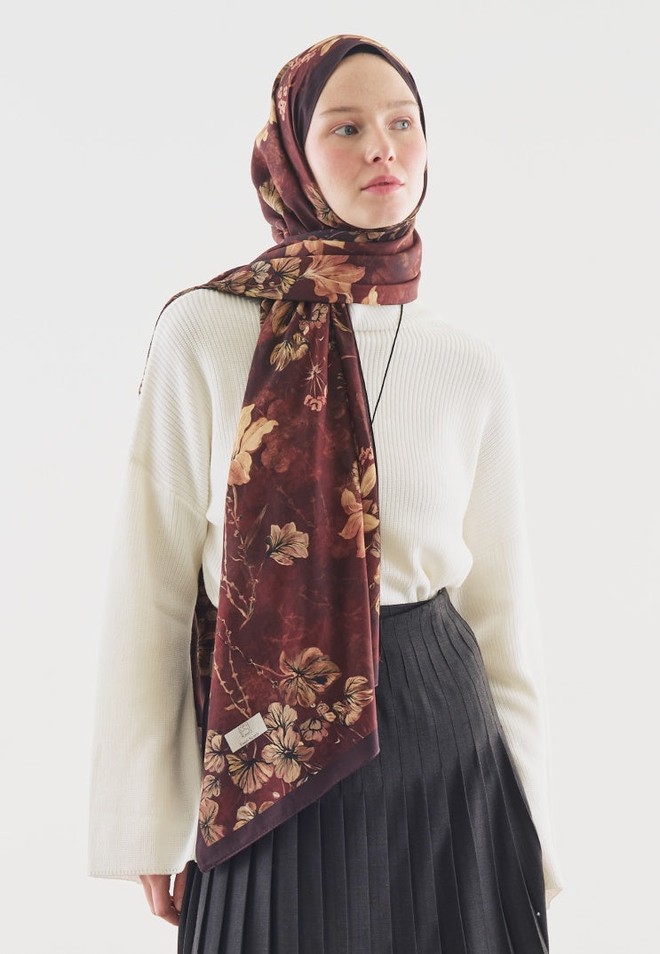 FALL BREEZE PATTERNED COTTON VISCOSE HIJAB BURGUNDY