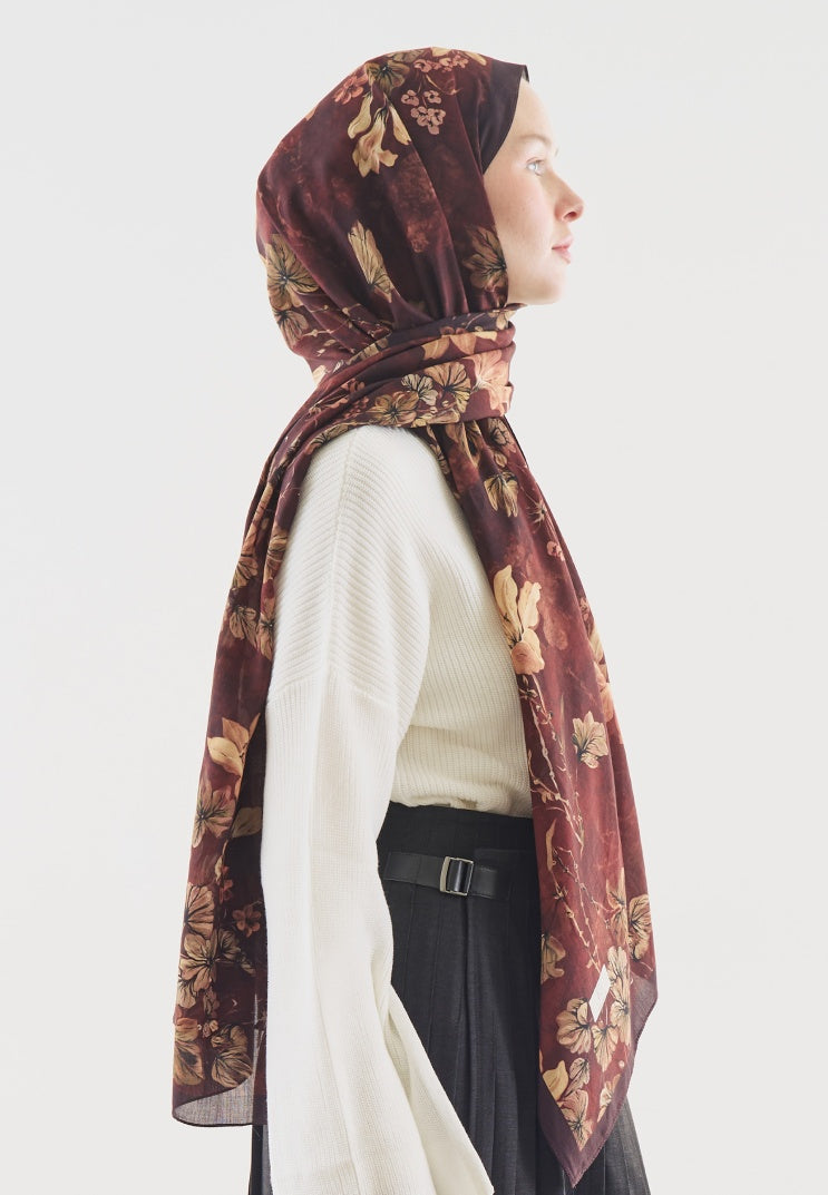 FALL BREEZE PATTERNED COTTON VISCOSE HIJAB BURGUNDY