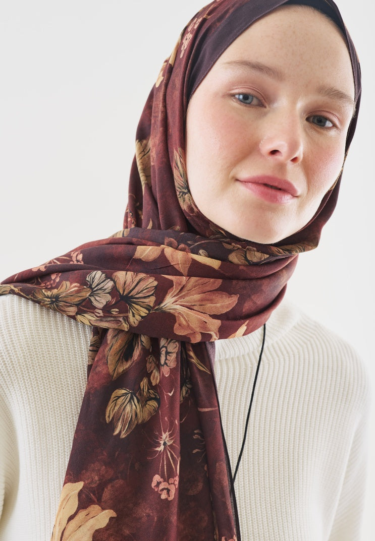 FALL BREEZE PATTERNED COTTON VISCOSE HIJAB BURGUNDY