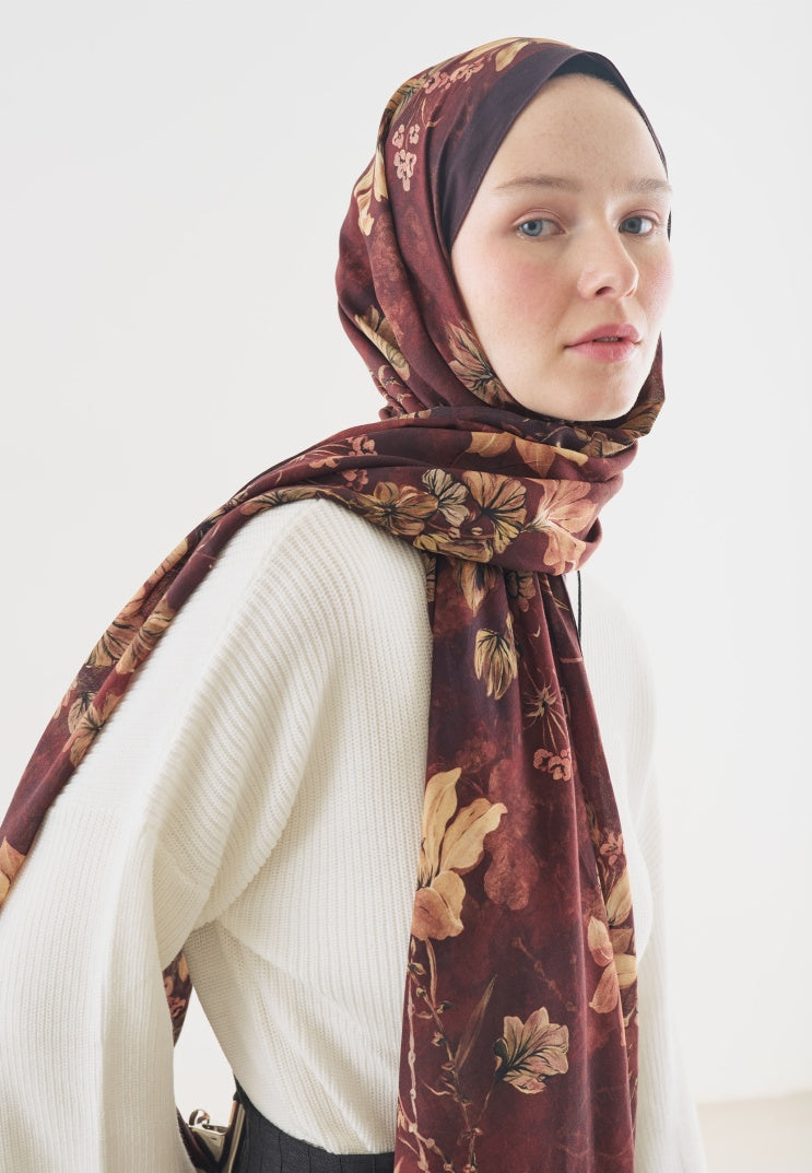 FALL BREEZE PATTERNED COTTON VISCOSE HIJAB BURGUNDY