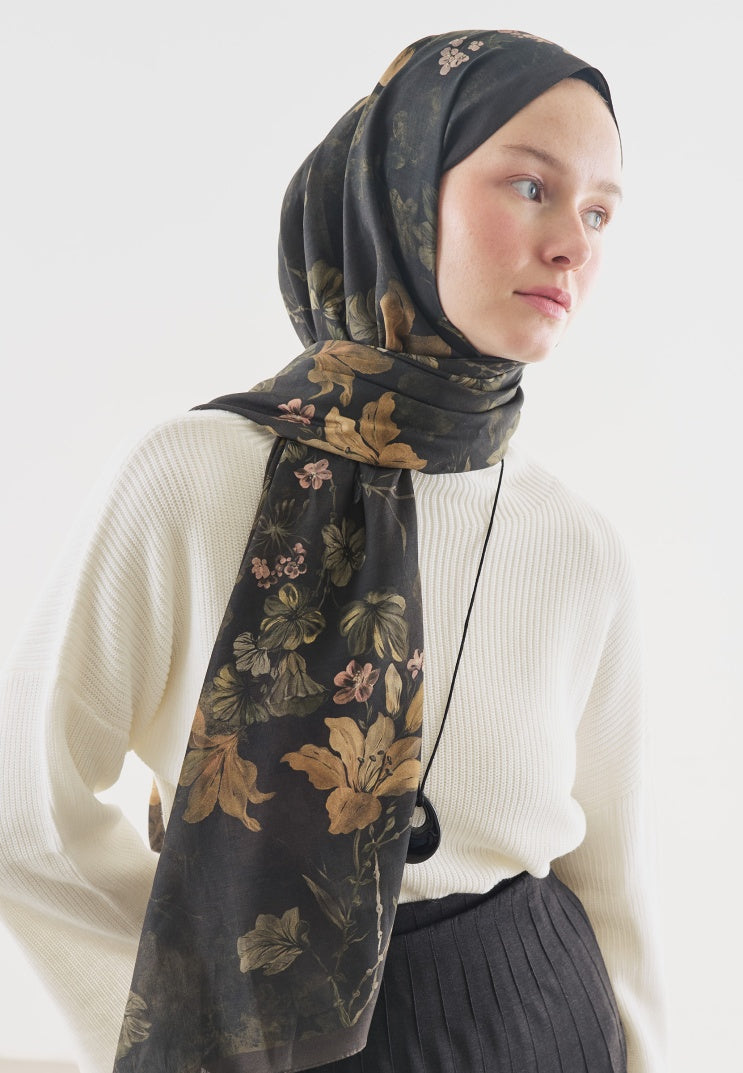 FALL BREEZE PATTERNED COTTON VISCOSE HIJAB BROWN